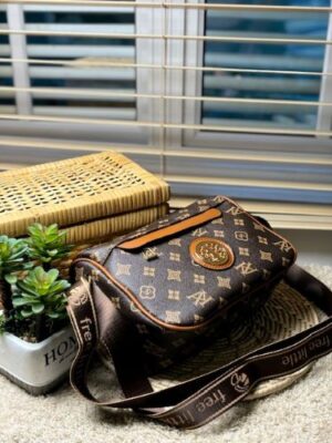 Vintage Elegant Brown Monogram Canvas Strap Crossbody Bag