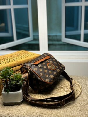 Vintage Elegant Brown Monogram Canvas Strap Crossbody Bag